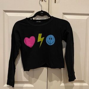 Black Graphic Crop T-Shirt with Pink Heart, Yellow Bolt & Blue Smile - Kids